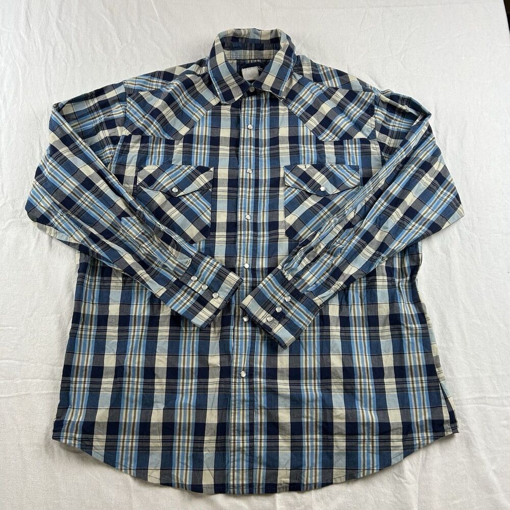Vintage Wrangler Pearl Snap Shirt Mens XL Blue Plaid Long Sleeve 3 Snap Cuff